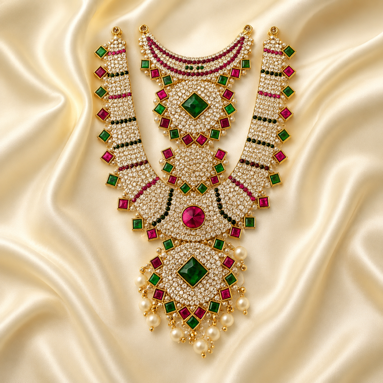 lakshmi amman long haram set with green pink floral stones lakshmi amman long haram set with green pink floral stones