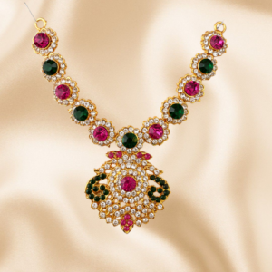 Home durga devi short necklace set with pink green stones