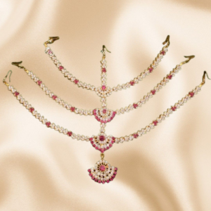 white and pink colour stones 3 step head set maang tikka cutti india bridal design
