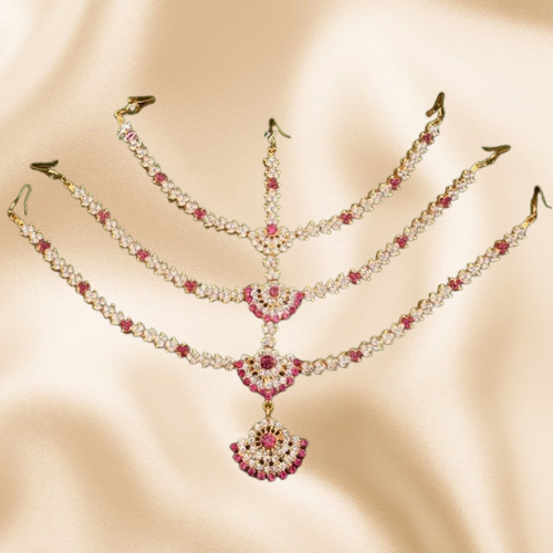 white and pink colour stones 3 step head set maang tikka cutti india bridal design white and pink colour stones 3 step head set maang tikka cutti india bridal design